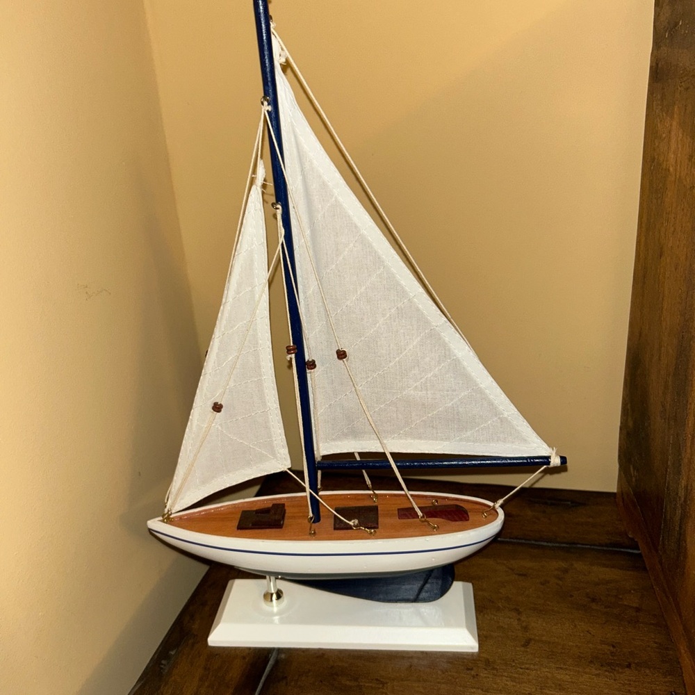 Nautical Wooden Sailboat Model Decor - White and Blue - Picture 5 of 7